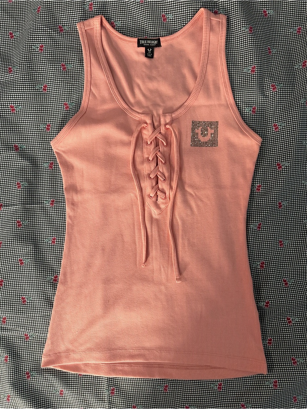 True Religion Peach Lace-Up Ribbed Tank Top